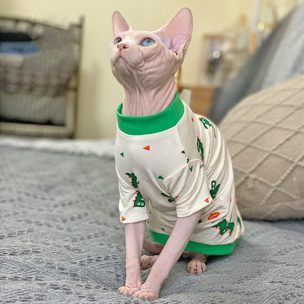 Hairless Cat Clothes Spring Fall Cotton Long Sleeve Turtleneck T-Shirt Dinosaur Print Vest Stretch Jumpsuits Pullover Comfort Pajamas for Sphynx,Cornish Rex, Devon Rex, Peterbald (XL)