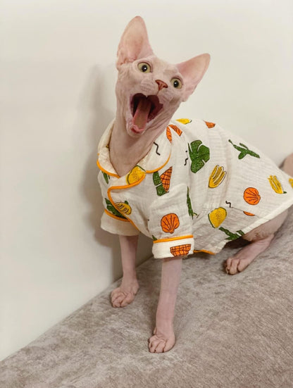 Hairless Cat Clothes - Cotton Pajamas Fruit Print Pet Sweater Shirt for Cats Clothing Spring Winter Skin-Friendly Jumpsuit Clothes for Sphynx, Cornish Rex, Devon Rex, Peterbald? (S,Orange)