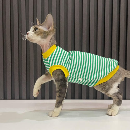 Hairless Cat Clothes Breathable Summer Cotton Elastic Stripe T Shirts with Round Collar Cat Clothes Vest Pajamas Cat Apparel for Sphynx, Cornish Rex, Devon Rex, Peterbald (XXL+,Green)