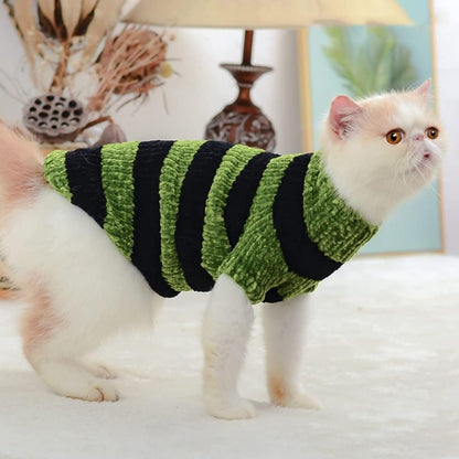 Hairless Cat Clothes, Turtleneck Cotton Knitted Striped Sweater, Suitable for Sphynx,Cornish Rex, Devon Rex, Peterbald and Various Sizes of Hairless Cat Clothes (M, Grass Green)