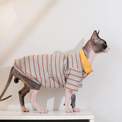 Hairless Cat Clothes Cotton Polo T-Shirt Stripe Print Pullover Jumpsuits Pajamas for Sphynx Cornish Rex Devon Rex Peterbald