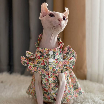 Hairless Cat Clothes - Breathable Summer Cotton Puff Sleeve Floral Dress Romantic Girly Skirt Elegant Soft Princess Dress for Sphynx, Cornish Rex, Devon Rex, Peterbald Cat (L-,Floral)