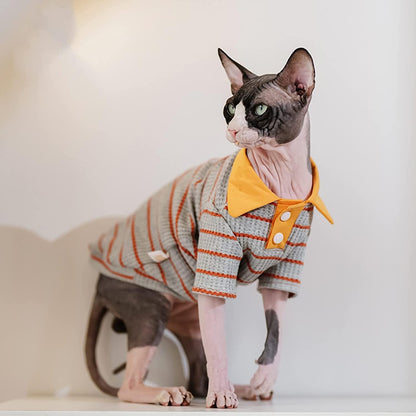 Hairless Cat Clothes Cotton Polo T-Shirt Stripe Print Pullover Jumpsuits Pajamas for Sphynx Cornish Rex Devon Rex Peterbald