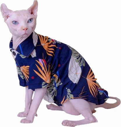 Hairless Cat T-Shirts Breathable Summer Cotton Hawaiian Shirts Button Closure Turn Down Collar Leaf Print Cat Clothes Vest Pajamas Apparel for Sphynx, Cornish Rex, Devon Rex, Peterbald (XL-)