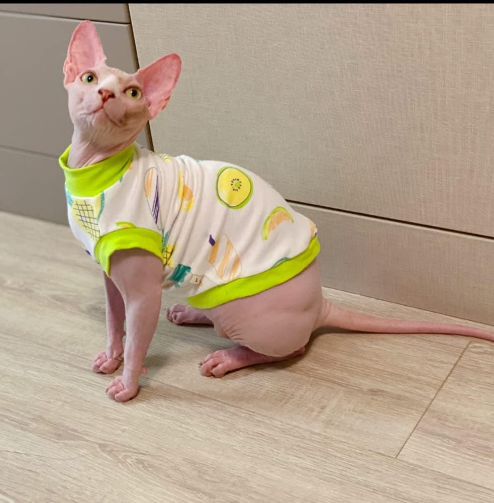 Hairless Cat Clothes - Cotton Breathable Summer Animal Print T-Shirt Vest Pajamas Cat Wear Clothes Small Dogs Apparel for Sphynx, Cornish Rex, Devon Rex, Peterbald (XL,Orange)