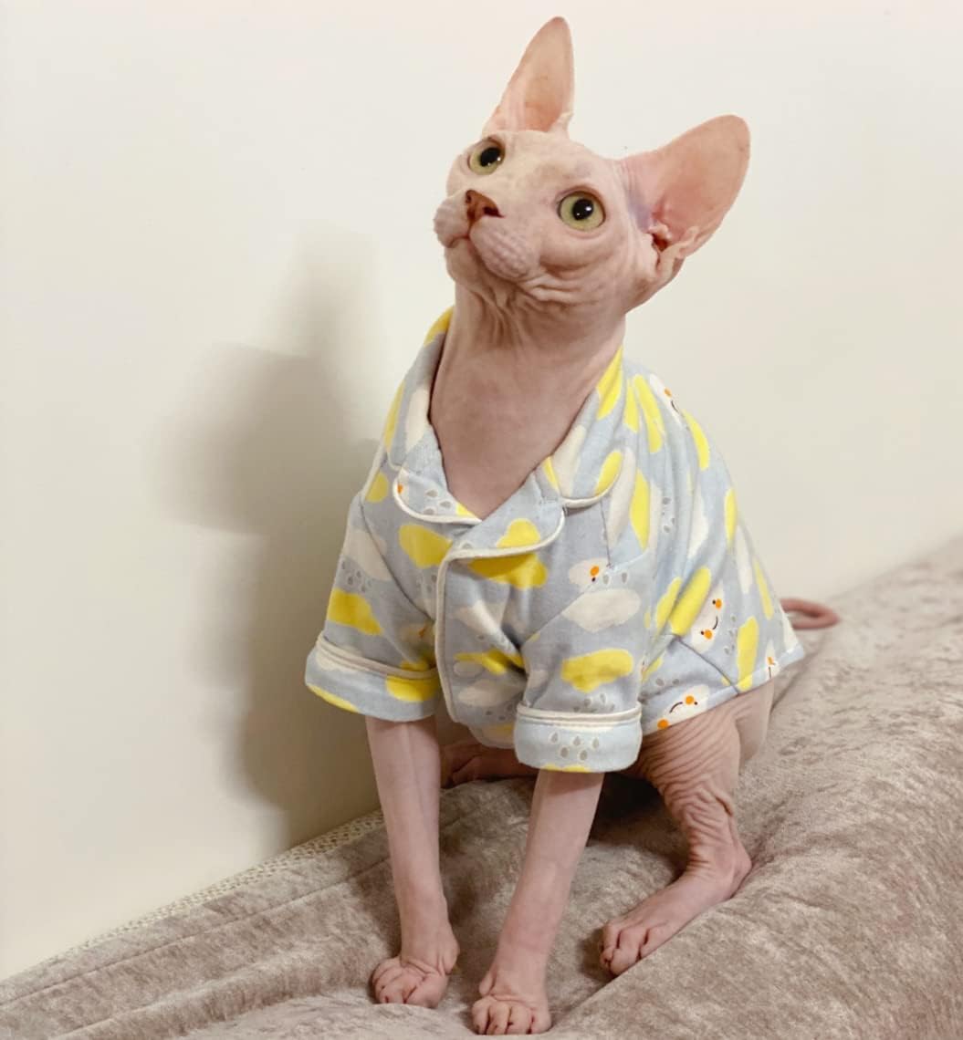 Sphynx Cat Clothes - Cotton Pajamas Animal Print Pet Sweater Shirt for Cats Clothing Spring Winter Skin-Friendly Jumpsuit Clothes for Sphynx, Cornish Rex, Devon Rex, Peterbald (M,Blue)