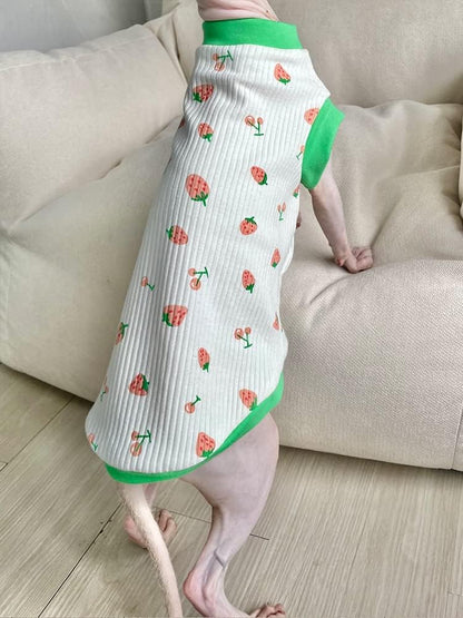 Sphynx Cat Clothes Breathable Summer Cotton Elastic T-Shirts with Strawberry Print Cat Wear Clothes Vest Pajamas Hairless Cat Apparel for Sphynx, Cornish Rex, Devon Rex, Peterbald? (XL+)