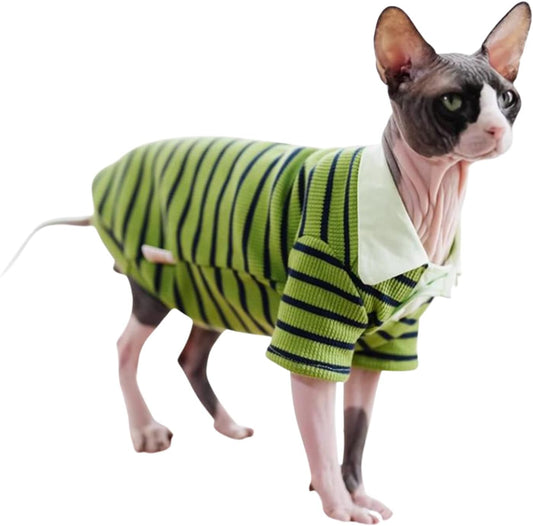 Hairless Cat Clothes - Spring Autumn Cotton Long Sleeve Polo T-Shirt Stripe Print Pullover Stretch Jumpsuits Breathable Pajamas for Sphynx, Cornish Rex, Devon Rex, Peterbald (XS,Green)