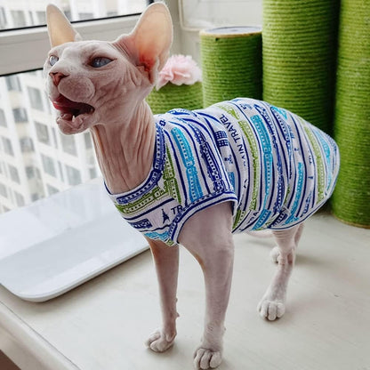 Hairless Cats Clothes Summer Thin Cotton Vest Breathable Soft Blue Stripes Pullover Tank Tops Sleeveless Shirt Cat Apparel Pajamas for Sphynx,Cornish Rex, Devon Rex, Peterbald (L,Blue)