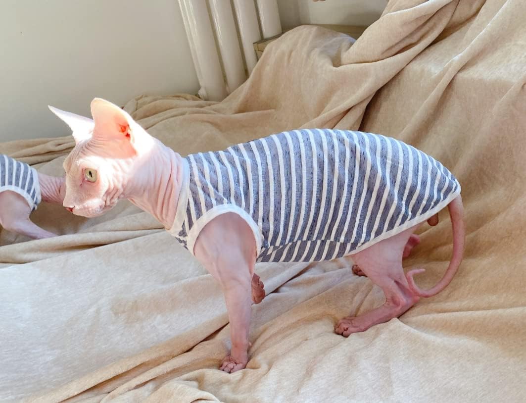 Sphynx Cat Clothes - Summer Thin Cotton Stripe Vest Breathable Pullover Strap Tank Tops Cat Apparel Pajamas Camisole T-Shirt for Hairless Cats, Sphynx,Cornish Rex, Devon Rex, Peterbald (XL,Grey)