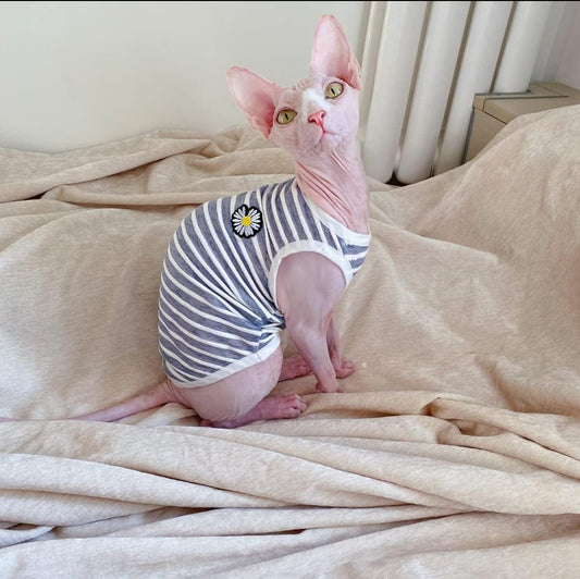 Sphynx Cat Clothes - Summer Thin Cotton Stripe Vest Breathable Pullover Strap Tank Tops Cat Apparel Pajamas Camisole T-Shirt for Hairless Cats, Sphynx,Cornish Rex, Devon Rex, Peterbald (XL,Grey)