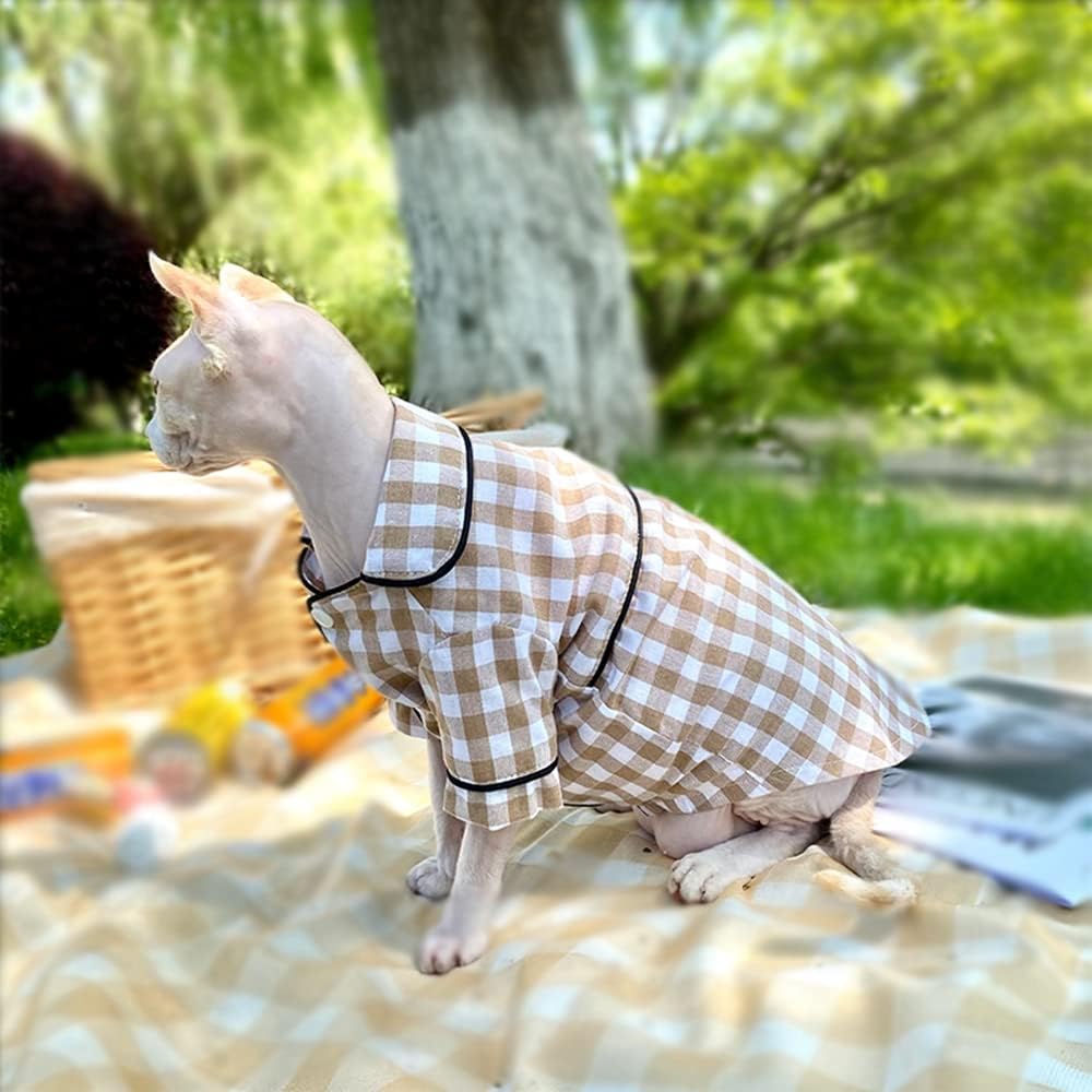 Hairless Cats Clothes Breathable Spring Summer Cotton Plaid Cat Pajamas Soft PJs Rompers Pet Jumpsuits Cozy Bodysuits for Sphynx, Cornish Rex, Devon Rex, Peterbald (M-,Khaki)