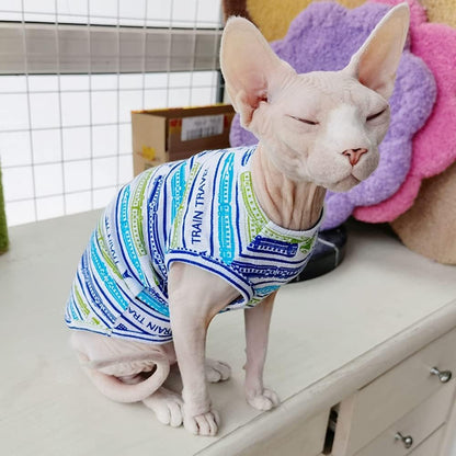 Hairless Cats Clothes Summer Thin Cotton Vest Breathable Soft Blue Stripes Pullover Tank Tops Sleeveless Shirt Cat Apparel Pajamas for Sphynx,Cornish Rex, Devon Rex, Peterbald (L,Blue)