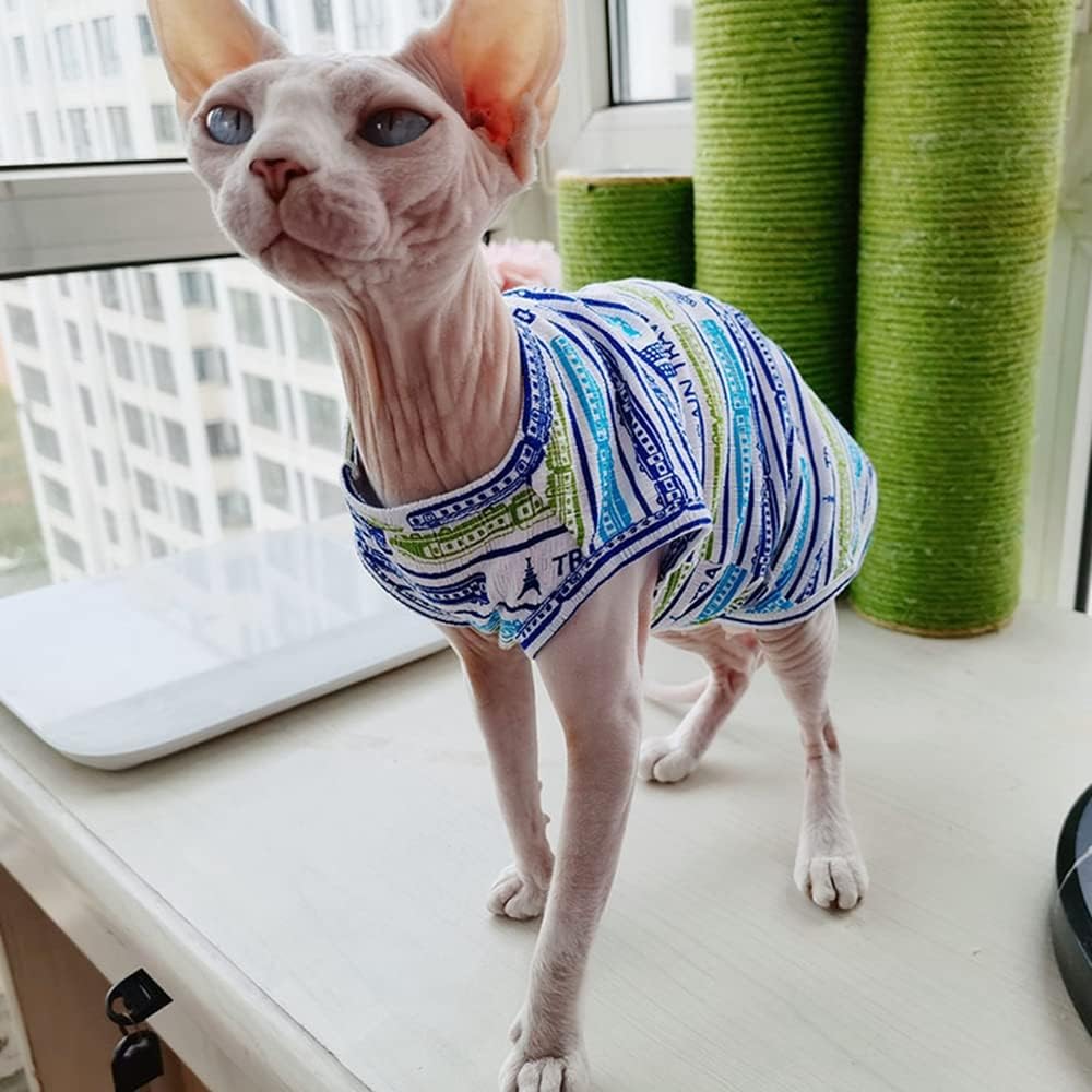 Hairless Cats Clothes Summer Thin Cotton Vest Breathable Soft Blue Stripes Pullover Tank Tops Sleeveless Shirt Cat Apparel Pajamas for Sphynx,Cornish Rex, Devon Rex, Peterbald (L,Blue)