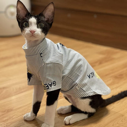 Hairless Cat Clothes - Summer Thin Cotton Stripe Cotton Shirt Breathable Soft Pullover Pajamas Camisole for Hairless Cats, Sphynx,Cornish Rex,Devon Rex,Peterbald (XXL)