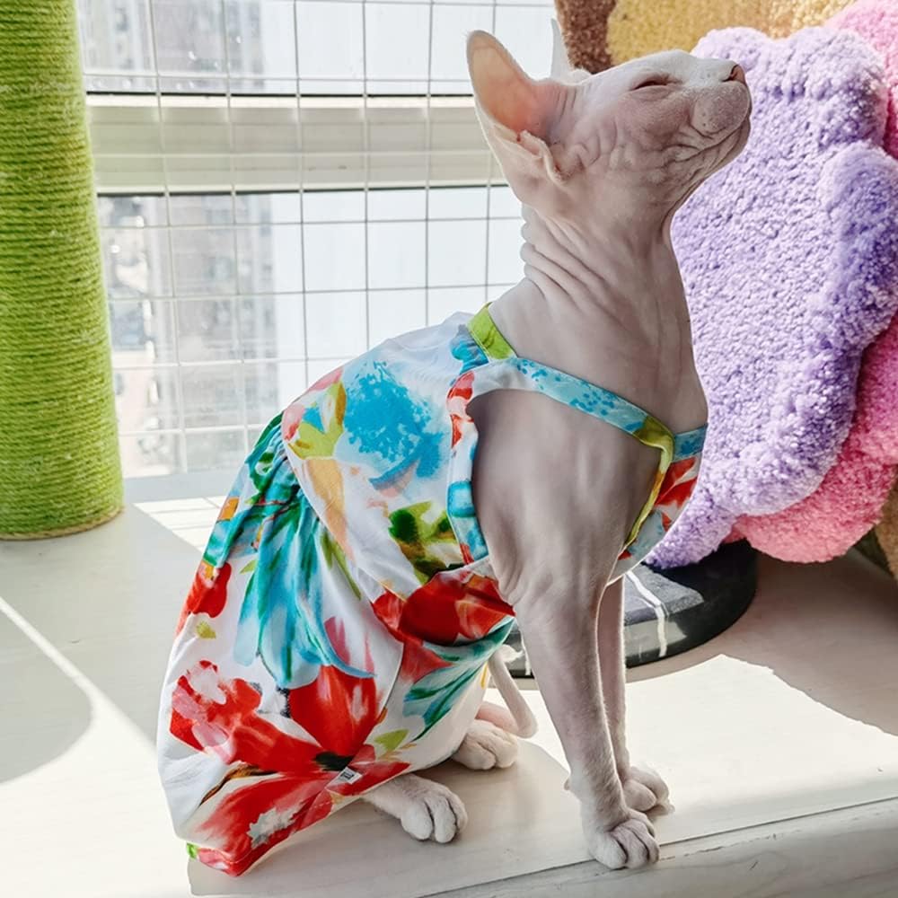 Hairless Cat Clothes Summer Breathable Floral Spaghetti Strap Casual Dress Elegant Sleeveless Girly Skirt,Soft Cotton Beach Dress for Sphynx, Cornish Rex, Devon Rex, Peterbald (M)