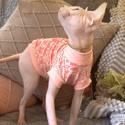 Hairless Cat Clothes Cotton Turtleneck T-Shirt Vest Flower Print Pullover Pajamas for Sphynx Cornish Rex Devon Rex Peterbald