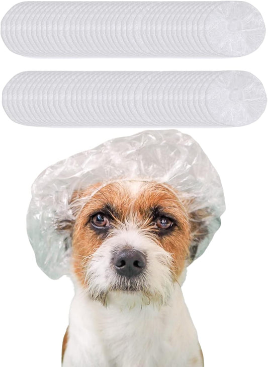 100 Pcs Dog Shower Cap Dog Ear Covers for Bathing Disposable Pet Shower Caps Plastic Overhanging Dog Ear Protection Cats Ear Drops Guard for Kitten Puppy Small Pets Bath Clear Waterproof (100 Pcs)