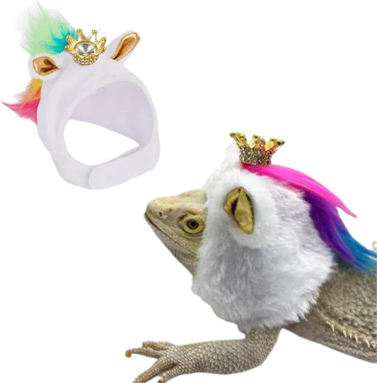 Lizard Hat for Bearded Dragon - Soft Fuzzy Plush Cap with Adjustable Chin Strap (White)