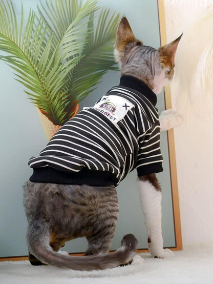 Sphynx Cat Clothes Breathable Summer Cotton Black Strips T-Shirts Round Collar Cat Wear Clothes Vest Pajamas Hairless Cats Dogs Apparel for Sphynx, Cornish Rex, Devon Rex, Peterbald (XS)