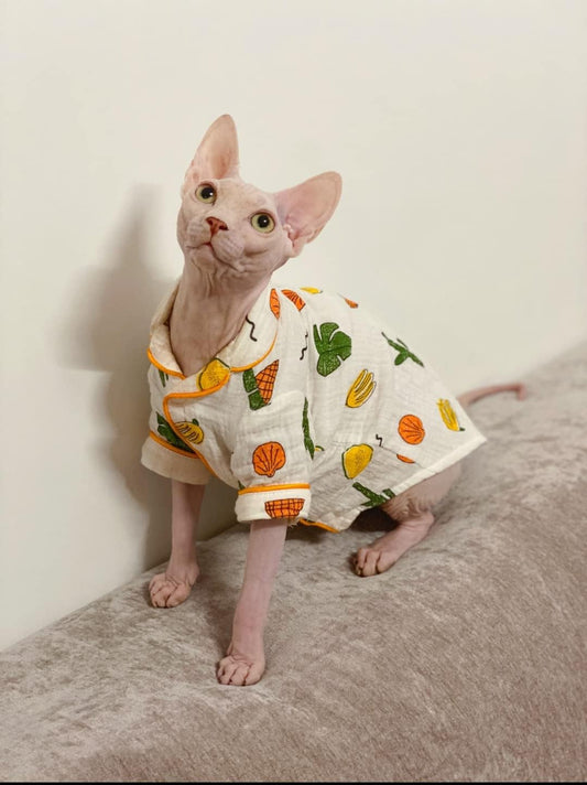 Hairless Cat Clothes - Cotton Pajamas Fruit Print Pet Sweater Shirt for Cats Clothing Spring Winter Skin-Friendly Jumpsuit Clothes for Sphynx, Cornish Rex, Devon Rex, Peterbald? (S,Orange)