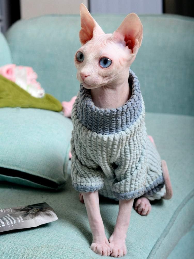 Hairless Cat Clothes, Turtleneck Cotton Sweater Shirt Four Legs Cat Pajamas, Suitable for Sphynx,Cornish Rex, Devon Rex, Peterbald and Various Sizes of Hairless Cat Clothes (XS,Blue)