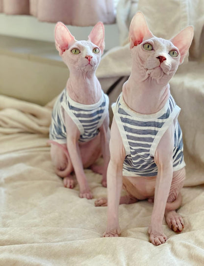 Sphynx Cat Clothes - Summer Thin Cotton Stripe Vest Breathable Pullover Strap Tank Tops Cat Apparel Pajamas Camisole T-Shirt for Hairless Cats, Sphynx,Cornish Rex, Devon Rex, Peterbald (XL,Grey)