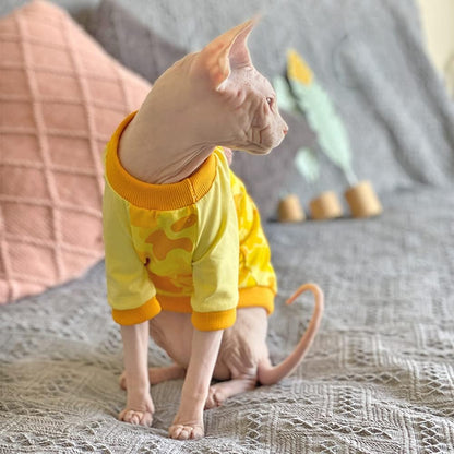 Hairless Cat Clothes Spring Autumn Cotton Long Sleeve Turtleneck T-Shirt Camouflage Print Vest Stretch Jumpsuits Pullover Comfort Pajamas for Sphynx,Cornish Rex, Devon Rex, Peterbald (L)