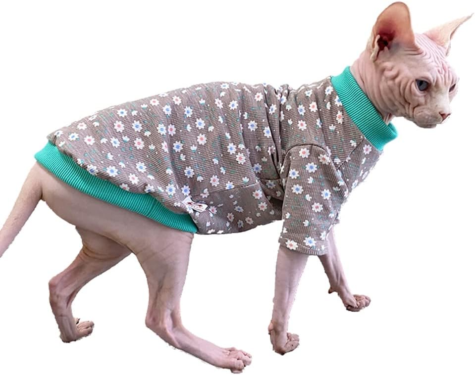 Hairless Cat Clothes Spring Fall Cotton Long Sleeve Turtleneck T-Shirt Floral Dots Print Vest Stretch Jumpsuits Pullover Comfort Pajamas for Sphynx,Cornish Rex, Devon Rex, Peterbald (XXL)