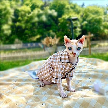 Hairless Cats Clothes Breathable Spring Summer Cotton Plaid Cat Pajamas Soft PJs Rompers Pet Jumpsuits Cozy Bodysuits for Sphynx, Cornish Rex, Devon Rex, Peterbald (M-,Khaki)