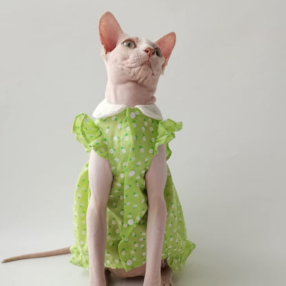 Hairless Cat Clothes - Summer Breathable Floral Suspender Skirt Round Collar Elegant Romantic Girly Dress,Cotton Vest Princess Dress for Sphynx, Cornish Rex, Devon Rex, Peterbald (M)