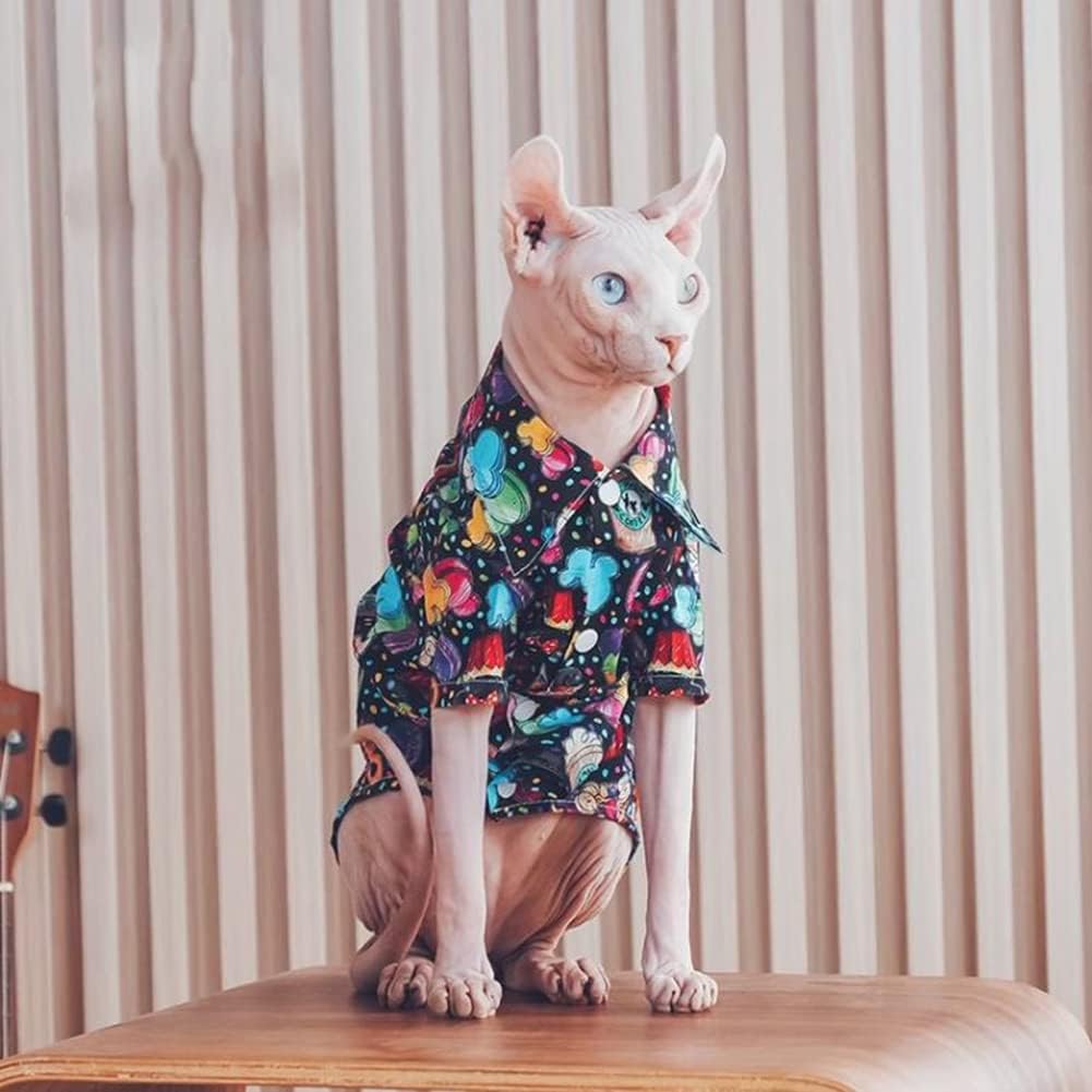 Hairless Cat Clothes - Breathable Summer Cotton T-Shirts Button Closure Turn Down Collar Stretch Jumpsuits Pullover Pajamas Apparel for Sphynx, Cornish Rex, Devon Rex, Peterbald (S,Black)