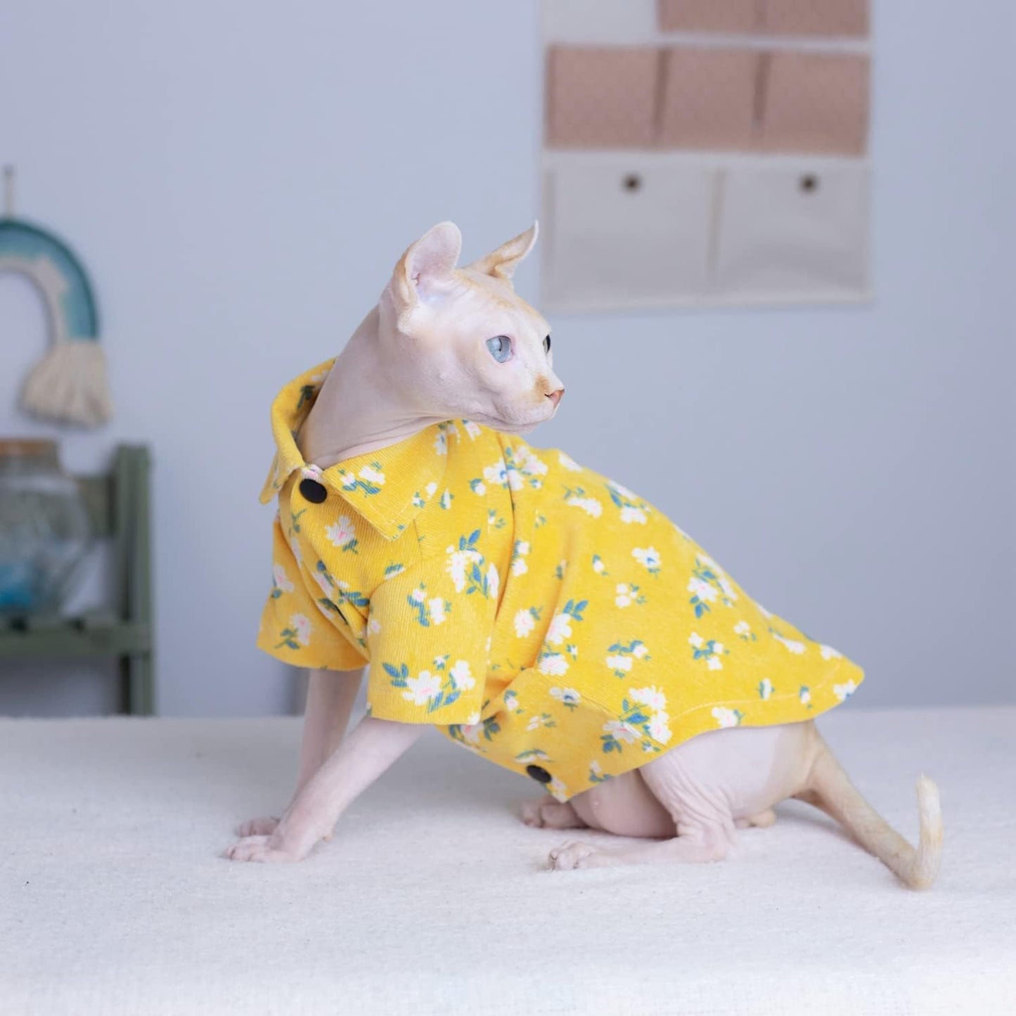 Hairless Cat T-Shirts Breathable Summer Cotton Yellow Shirts Button Closure Turn Down Collar Floral Print Cat Clothes Vest Pajamas Apparel for Sphynx, Cornish Rex, Devon Rex, Peterbald (XS)