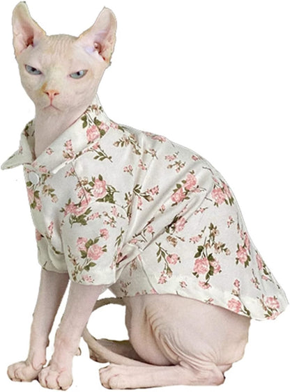 Hairless Cat T-Shirts Breathable Summer Cotton Retro Shirts Button Closure Turn Down Collar Floral Print Cat Clothes Vest Pajamas Apparel for Sphynx, Cornish Rex, Devon Rex, Peterbald (XS)