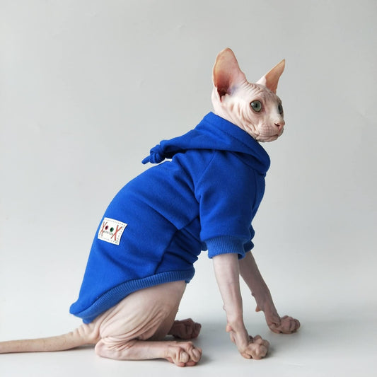 Hairless Cats Clothes - Winter Autumn Solid Soft Warm Hoodies Cotton Cat Wear Sweatshirt Pullover Jumpsuit for Sphynx, Cornish Rex, Devon Rex, Peterbald, Hairless Cats Dogs Apparel (XXL,Blue)