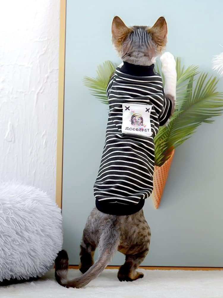 Sphynx Cat Clothes Breathable Summer Cotton Black Strips T-Shirts Round Collar Cat Wear Clothes Vest Pajamas Hairless Cats Dogs Apparel for Sphynx, Cornish Rex, Devon Rex, Peterbald (XS)