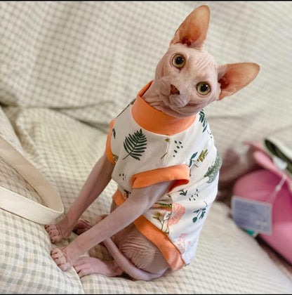 Hairless Cat Clothes - Cotton Breathable Summer Animal Print T-Shirt Vest Pajamas Cat Wear Clothes Small Dogs Apparel for Sphynx, Cornish Rex, Devon Rex, Peterbald (XL,Orange)