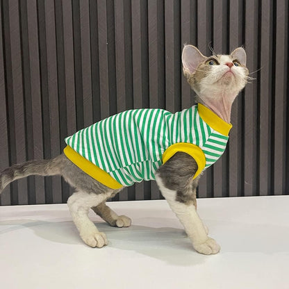 Hairless Cat Clothes Breathable Summer Cotton Elastic Stripe T Shirts with Round Collar Cat Clothes Vest Pajamas Cat Apparel for Sphynx, Cornish Rex, Devon Rex, Peterbald (XXL+,Green)