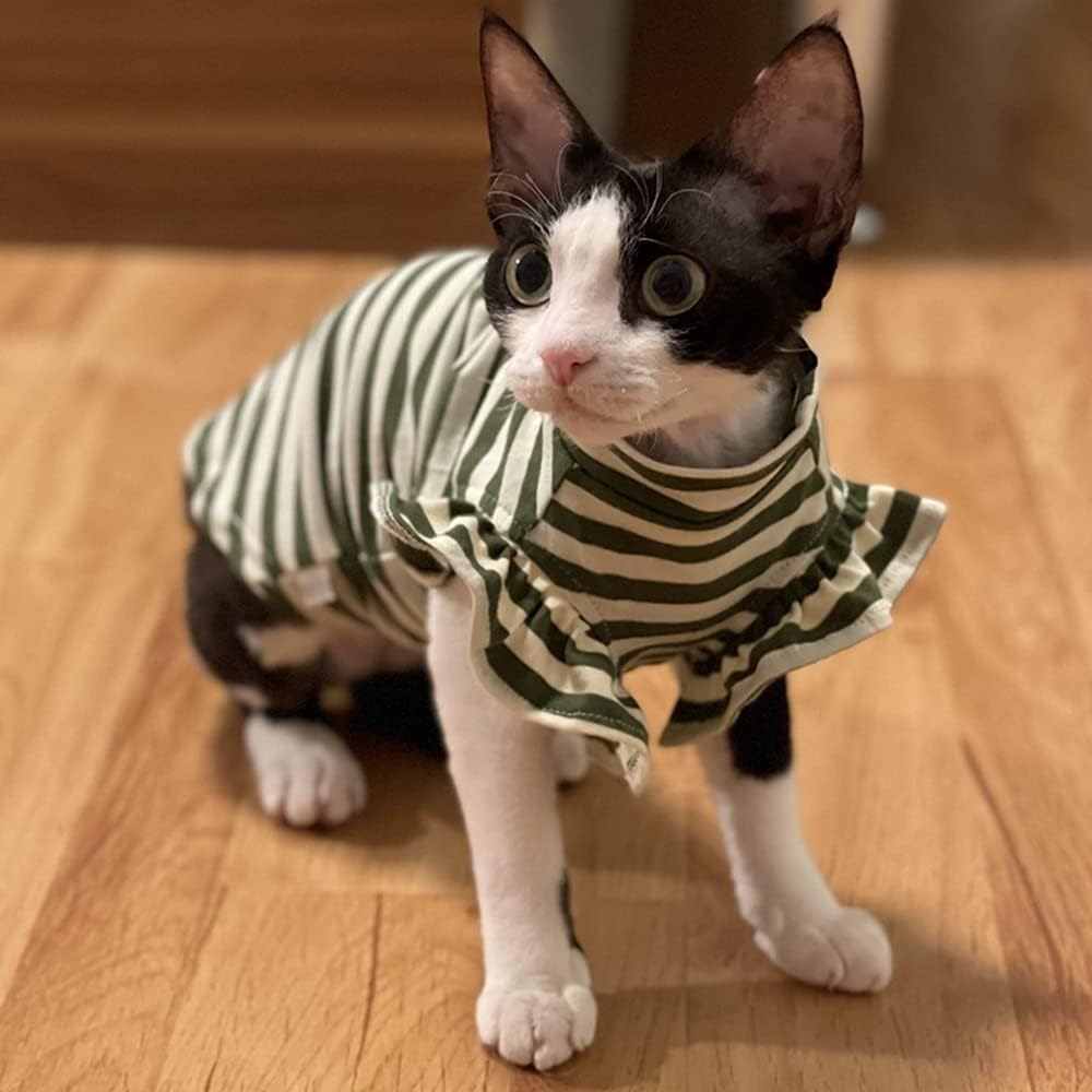 Sphynx Cat Clothes Breathable Summer Cotton Strip T-Shirts Round Collar Cat Wear Clothes Vest Pajamas for Cats and Small Dogs Apparel for Sphynx, Cornish Rex, Devon Rex, Peterbald (XXL,Green)