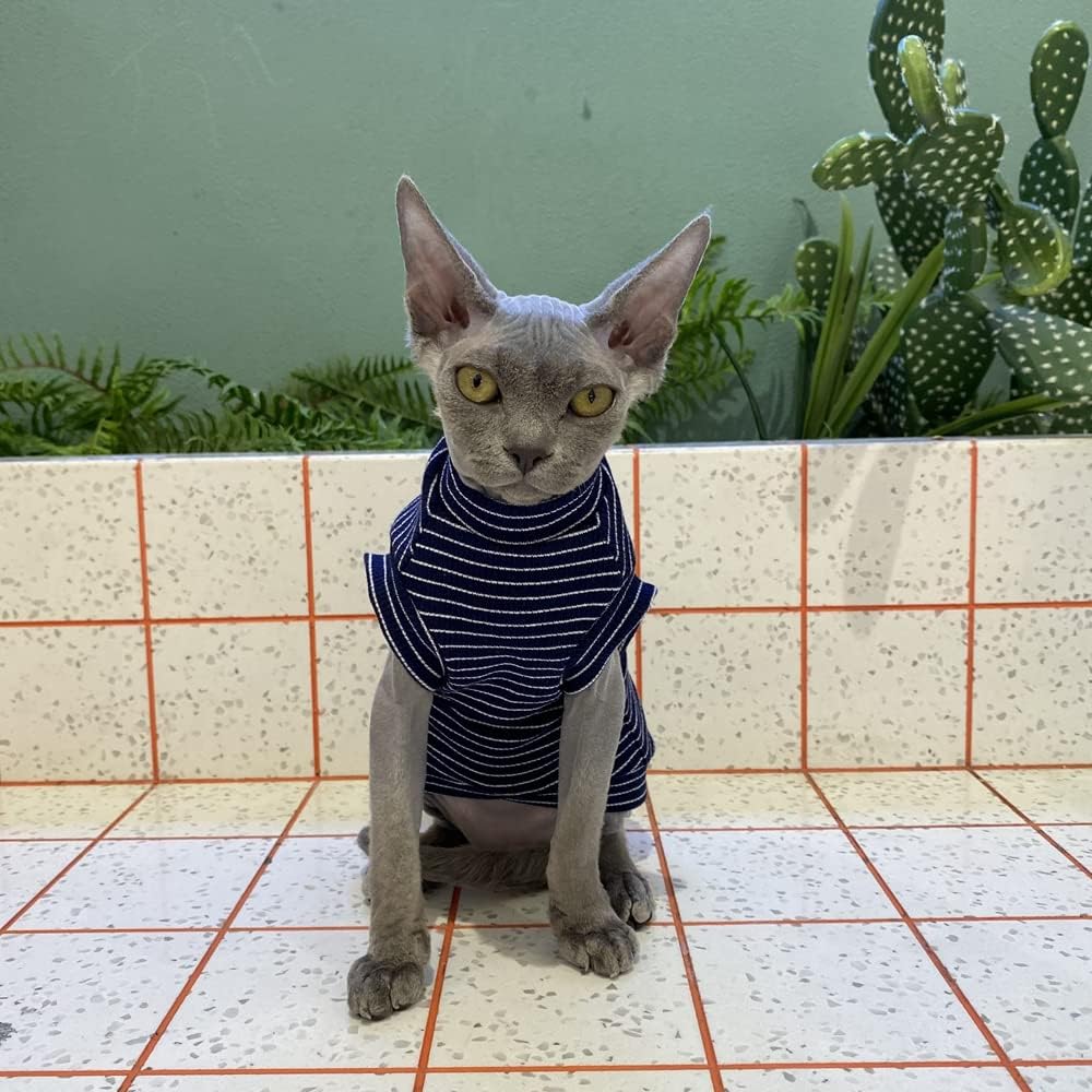 Sphynx Cat Clothes Breathable Summer Cotton Elastic Stripe T-Shirts with Round Collar Cat Wear Clothes Vest Pajamas Hairless Cat Apparel for Sphynx, Cornish Rex, Devon Rex, Peterbald (XL+)