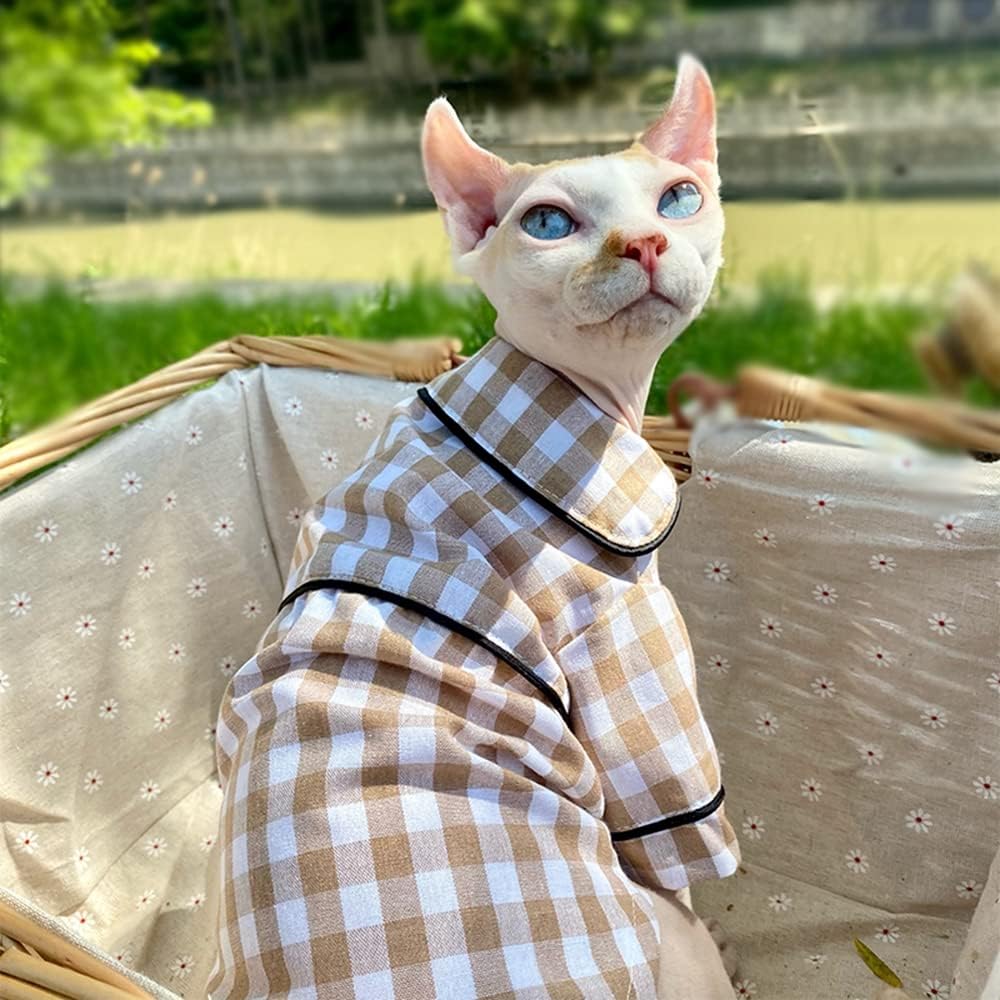 Hairless Cats Clothes Breathable Spring Summer Cotton Plaid Cat Pajamas Soft PJs Rompers Pet Jumpsuits Cozy Bodysuits for Sphynx, Cornish Rex, Devon Rex, Peterbald (M-,Khaki)