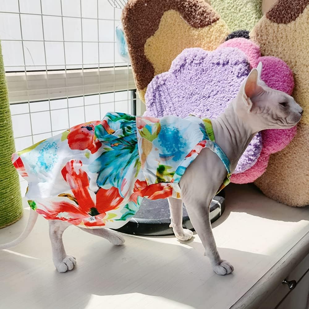 Hairless Cat Clothes Summer Breathable Floral Spaghetti Strap Casual Dress Elegant Sleeveless Girly Skirt,Soft Cotton Beach Dress for Sphynx, Cornish Rex, Devon Rex, Peterbald (M)