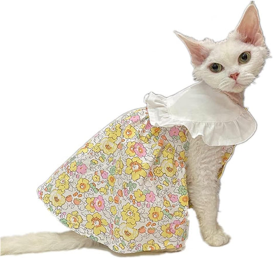 Hairless Cat Clothes - Breathable Summer Cotton Nautical Sailor Collar Dress Sunflower Skirt Elegant Sleeveless Girly Soft Princess Dress for Sphynx, Cornish Rex, Devon Rex, Peterbald (XL+,Pink)