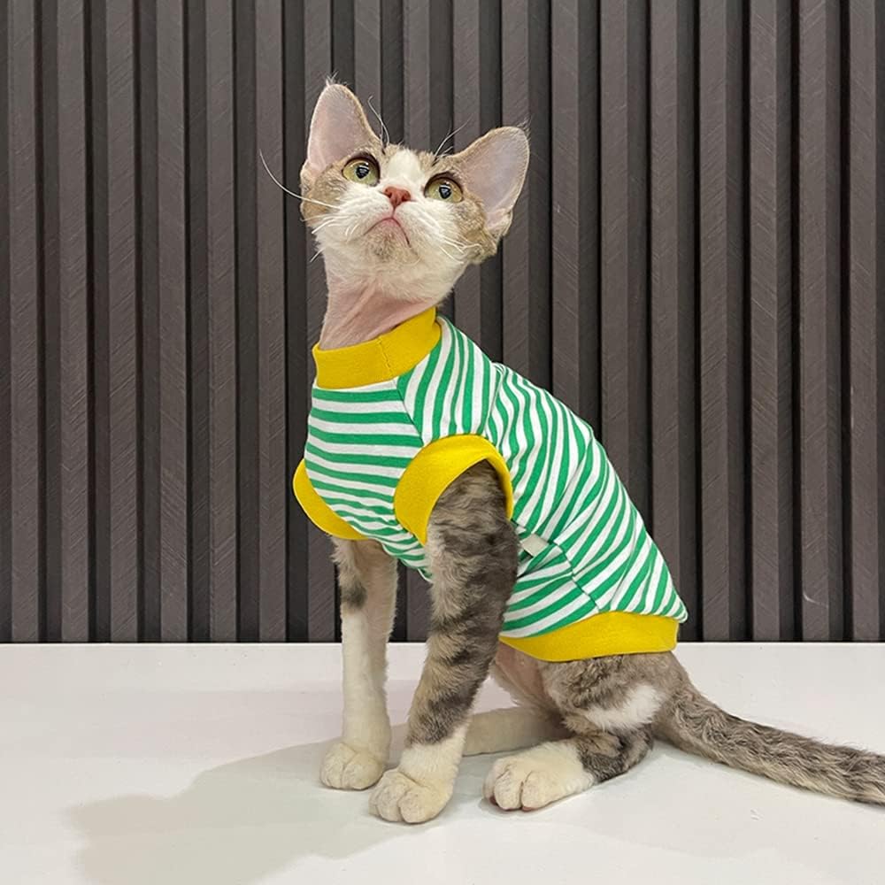 Hairless Cat Clothes Breathable Summer Cotton Elastic Stripe T Shirts with Round Collar Cat Clothes Vest Pajamas Cat Apparel for Sphynx, Cornish Rex, Devon Rex, Peterbald (XXL+,Green)