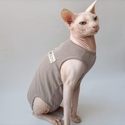 Sphynx Cat Clothes - 4 Leg Breathable Summer Cotton Sleeveless T-Shirts Cat Wear Clothes Vest Pajamas for Cats and Small Dogs Apparel for Sphynx, Cornish Rex, Devon Rex, Peterbald (XS,Brown)