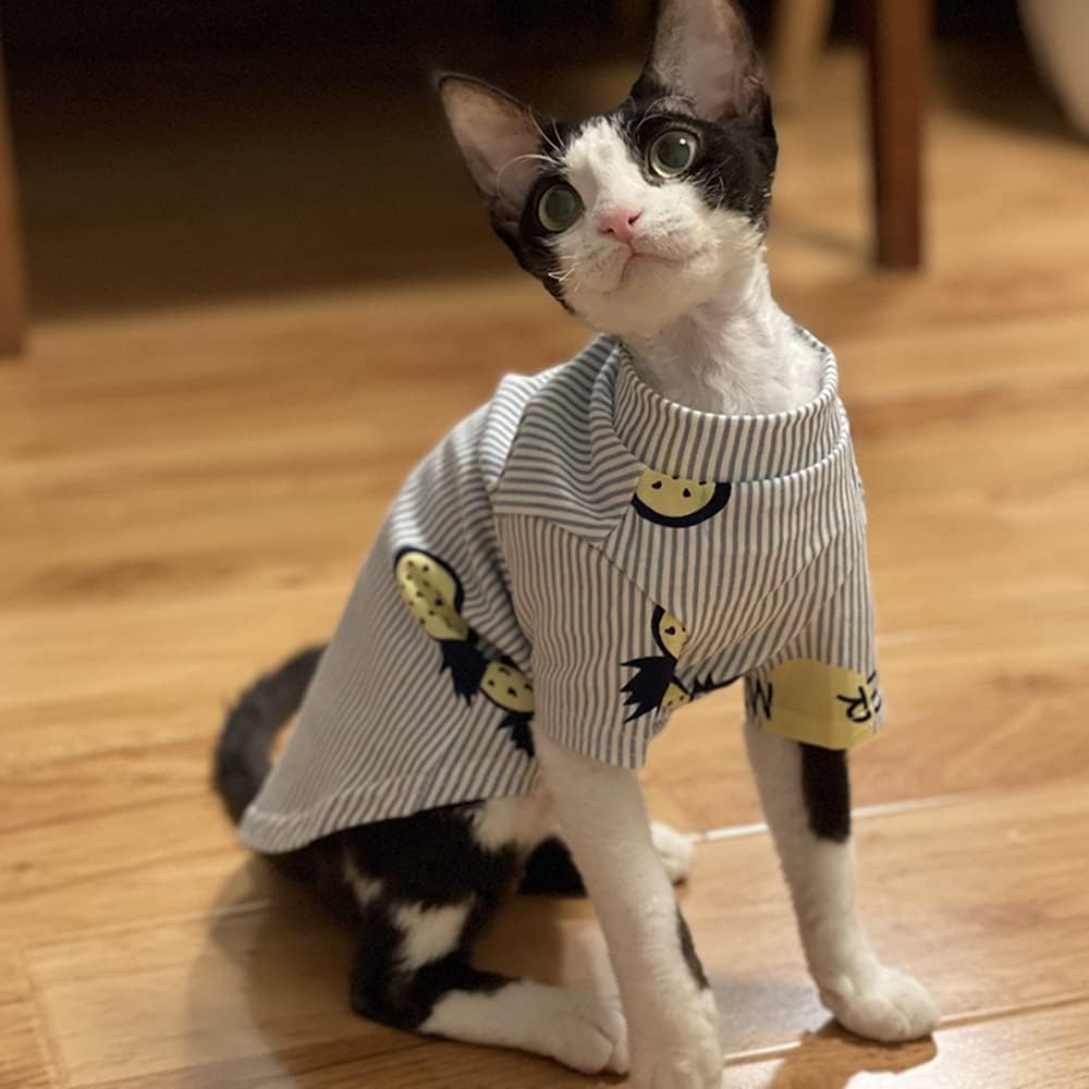 Hairless Cat Clothes - Summer Thin Cotton Stripe Cotton Shirt Breathable Soft Pullover Pajamas Camisole for Hairless Cats, Sphynx,Cornish Rex,Devon Rex,Peterbald (XXL)