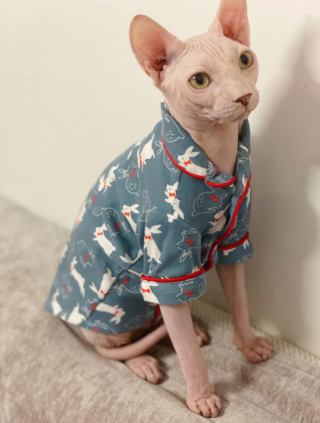 Sphynx Cat Clothes - Cotton Pajamas Animal Print Pet Sweater Shirt for Cats Clothing Spring Winter Skin-Friendly Jumpsuit Clothes for Sphynx, Cornish Rex, Devon Rex, Peterbald (M,Blue)