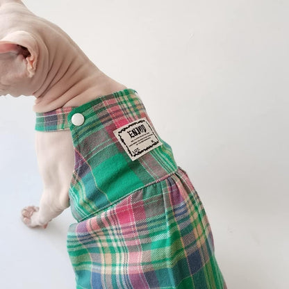 Hairless Cat Clothes - Summer Breathable Plaid Buckle Suspender Skirt Elegant Sleeveless Girly Dress,Soft Cotton Vest Princess Dress for Sphynx, Cornish Rex, Devon Rex, Peterbald (L)