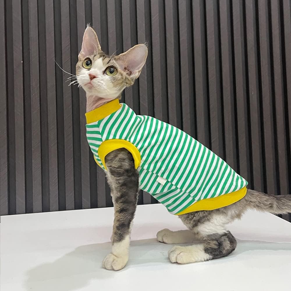 Hairless Cat Clothes Breathable Summer Cotton Elastic Stripe T Shirts with Round Collar Cat Clothes Vest Pajamas Cat Apparel for Sphynx, Cornish Rex, Devon Rex, Peterbald (XXL+,Green)