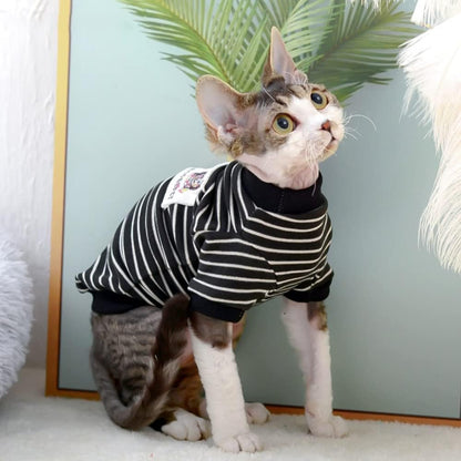 Sphynx Cat Clothes Breathable Summer Cotton Black Strips T-Shirts Round Collar Cat Wear Clothes Vest Pajamas Hairless Cats Dogs Apparel for Sphynx, Cornish Rex, Devon Rex, Peterbald (XS)